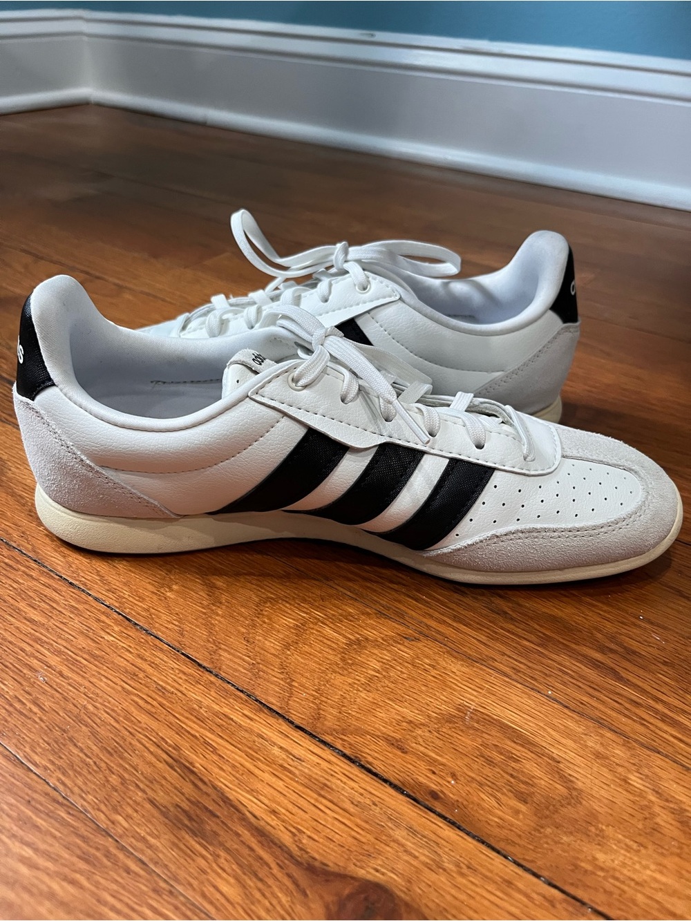 adidas White Sneakers with Black Stripes and Blue Trim - Picture 2 of 6